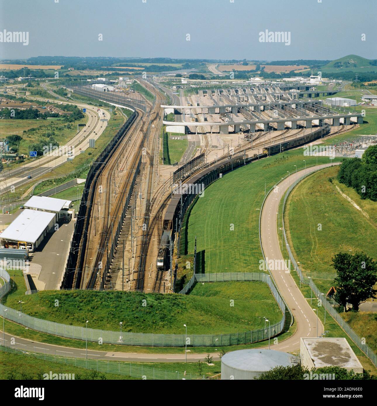 Channel tunnel terminal. Aerial photograph of a train departing from