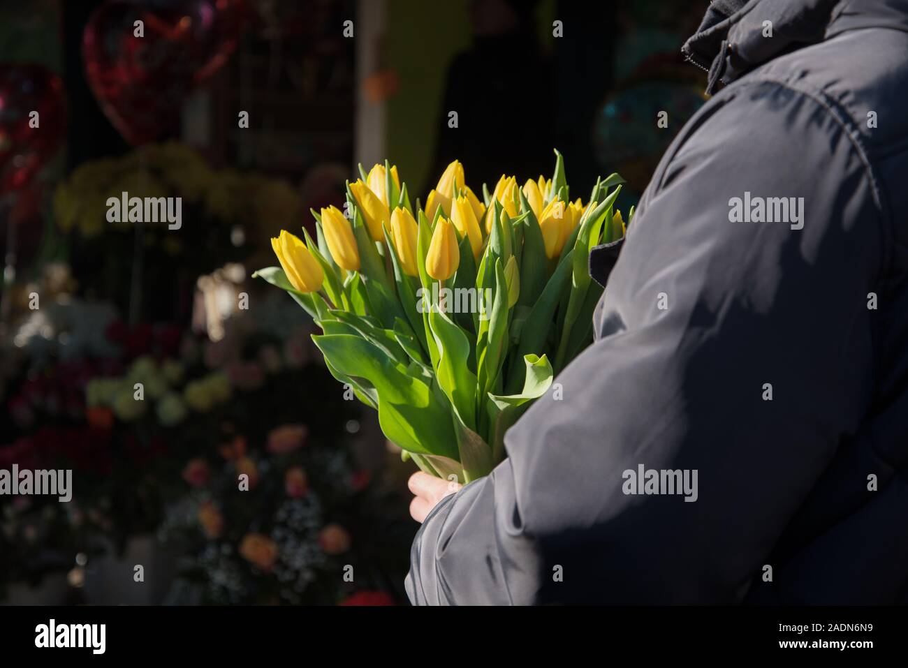Bouquet of tulips in man hands on bazaar. Stock Photo