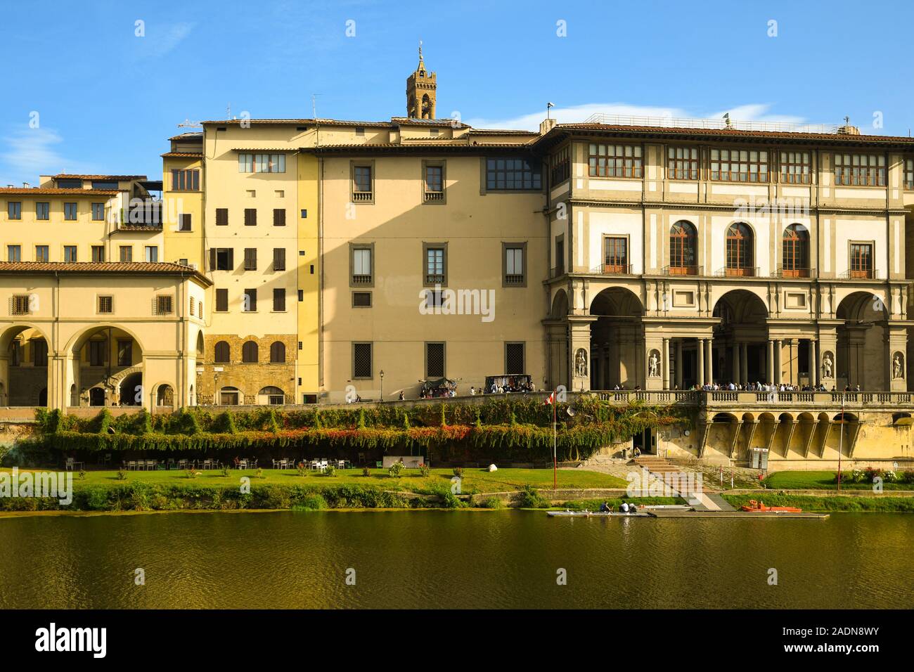 View of Arno River waterfront (Lungarno) with the Vasarian Corridor and the Uffizi Gallery in the centre of Florence, Unesco W.H. Site, Tuscany, Italy Stock Photo