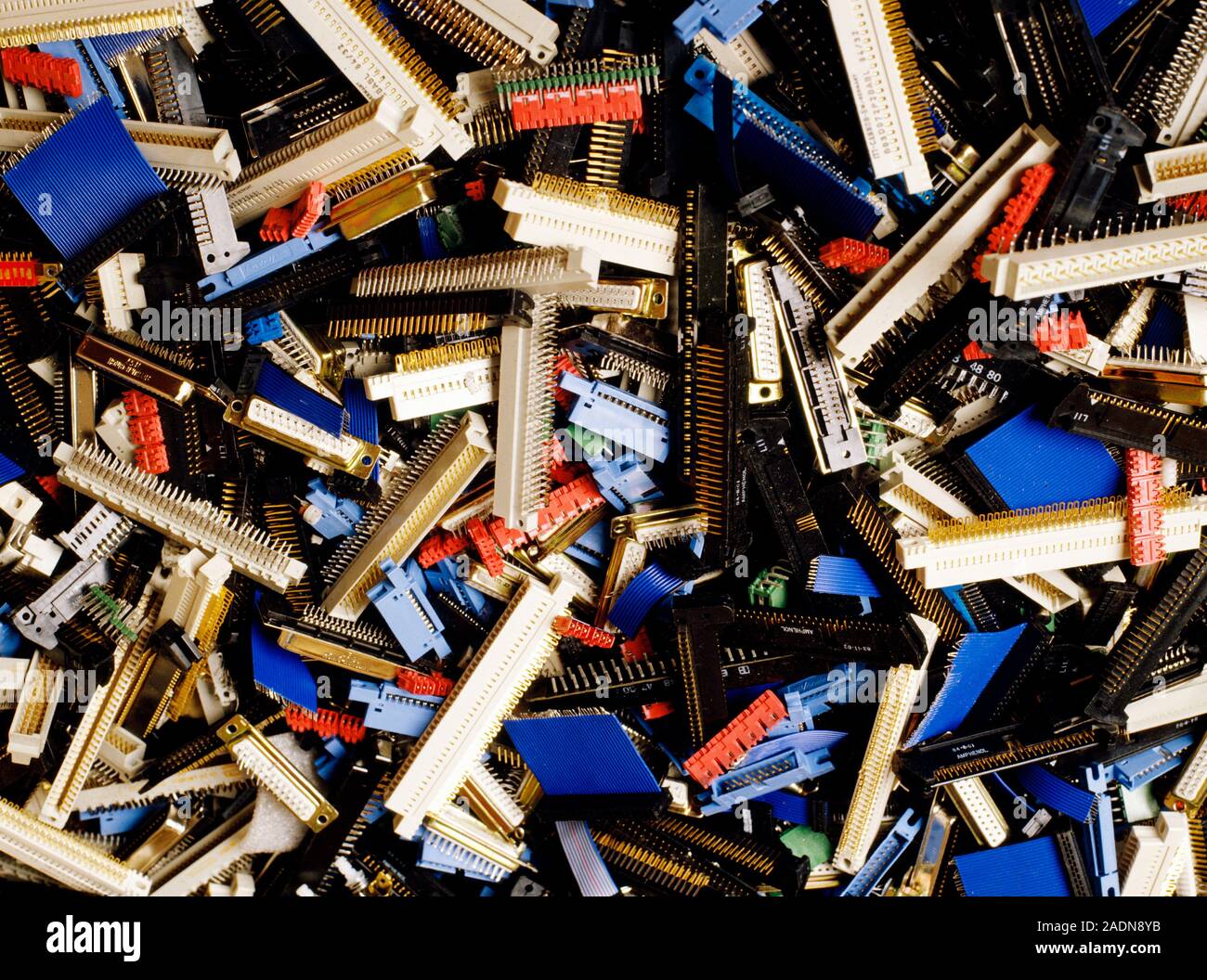Electronic scrap. Pile of discarded electronic components ready for recycling. Modern electronic equipment contains many recoverable elements, includi Stock Photo