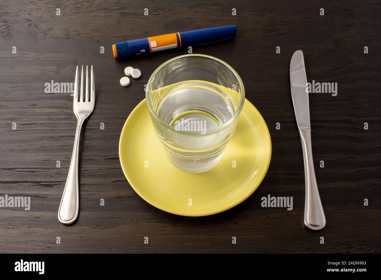 meal setting, fasting with a glass of water. Diabetic medication and
