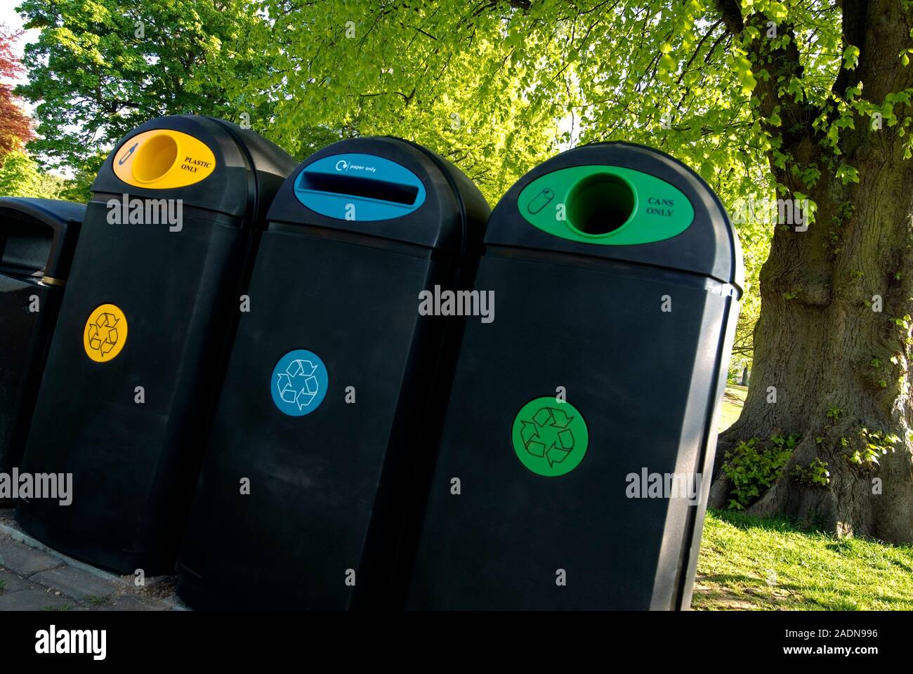 Recycling bins for plastic (yellow), paper (blue) and cans (green