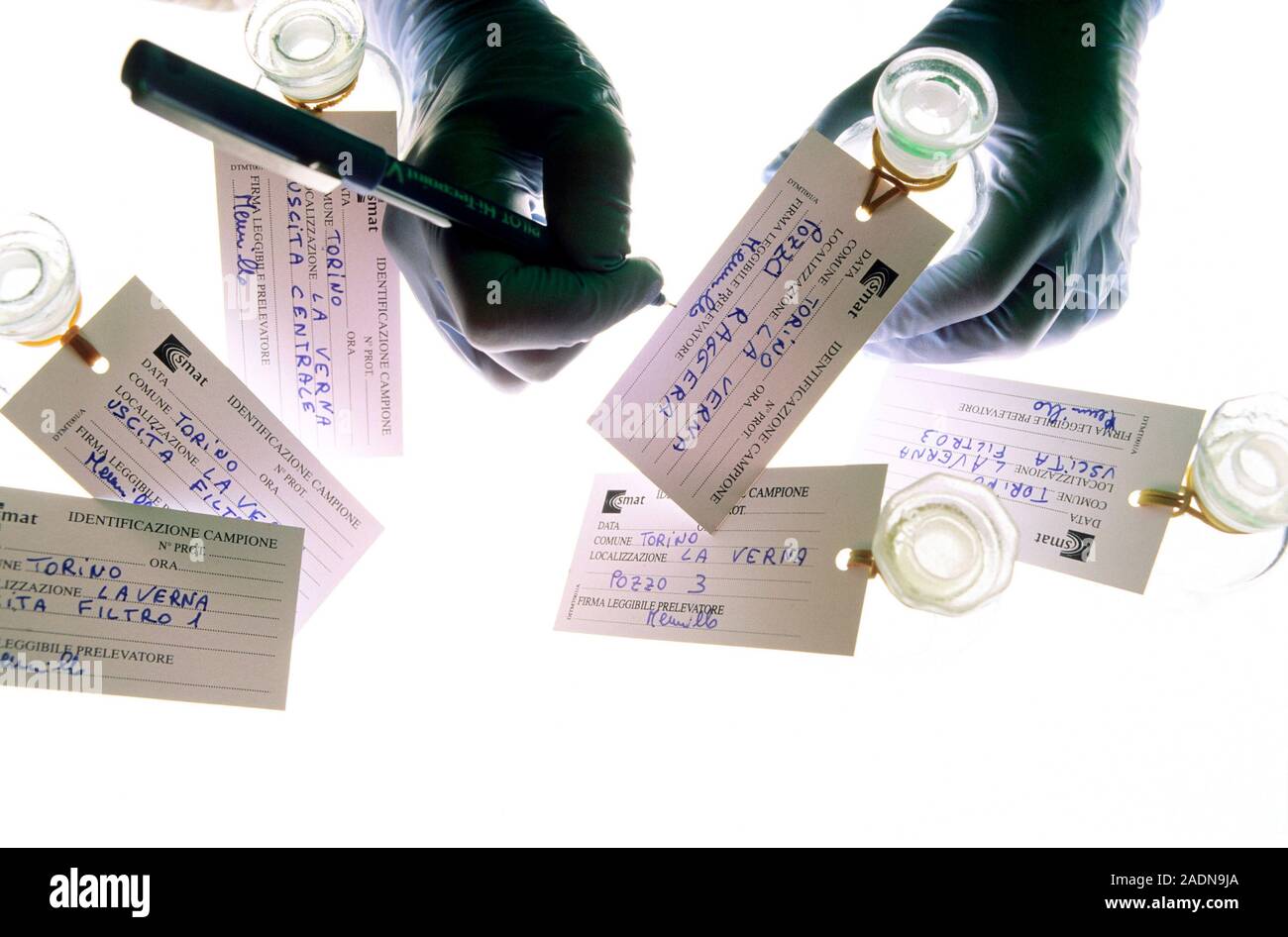 Water Sample Labelling Drinking water samples being tested. Chemist labelling samples of ...