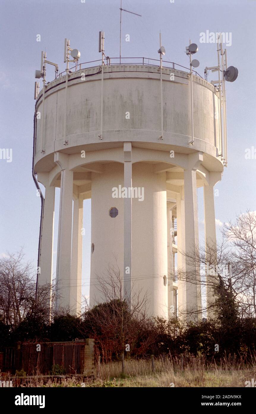 Water tower with mobile telephone and television transmitting antennae