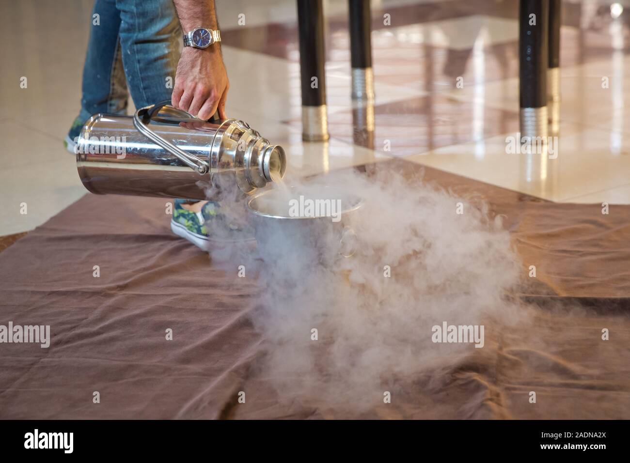 Chemical experiment, show with liquid nitrogen . Steam of Nitrogen