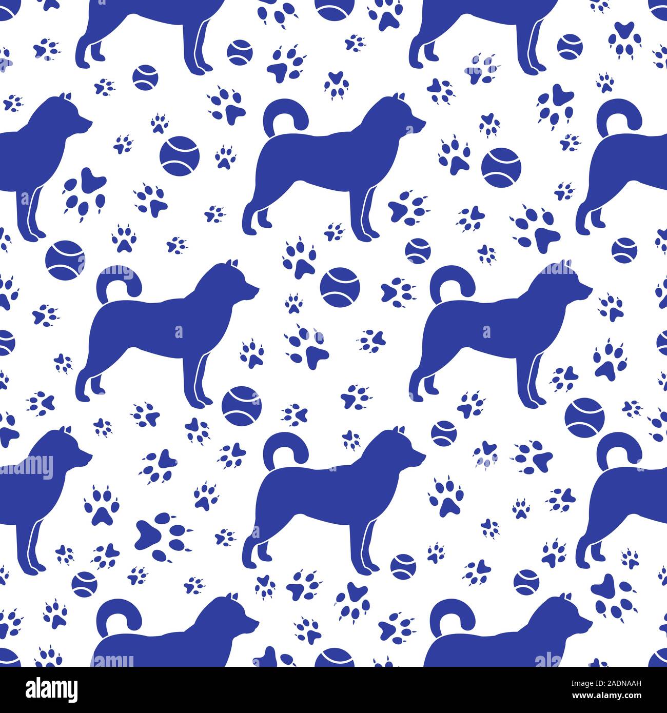 Vector seamless pattern with dog, dog paw tracks, tennis ball. Animal