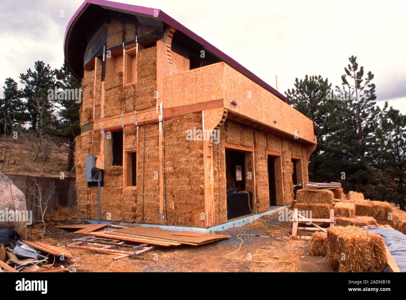Straw bale house. Environmentallyfriendly house built from straw bales