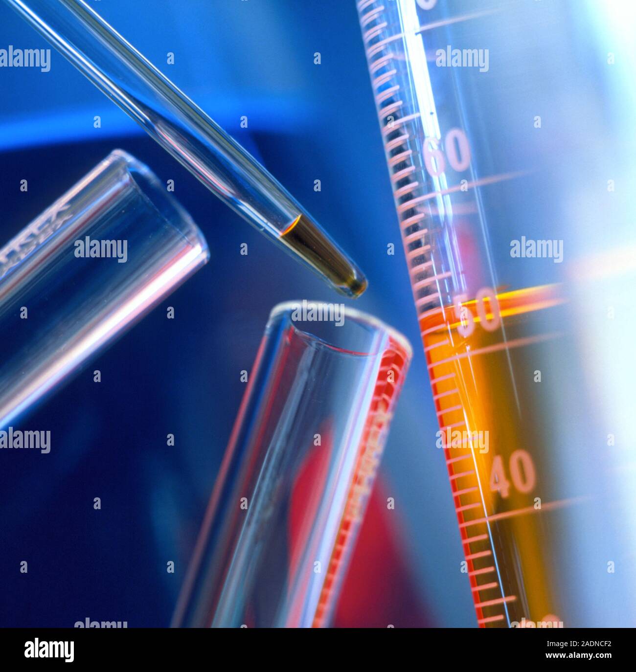 Pipette and measuring cylinder. View of orange liquid being pipetted