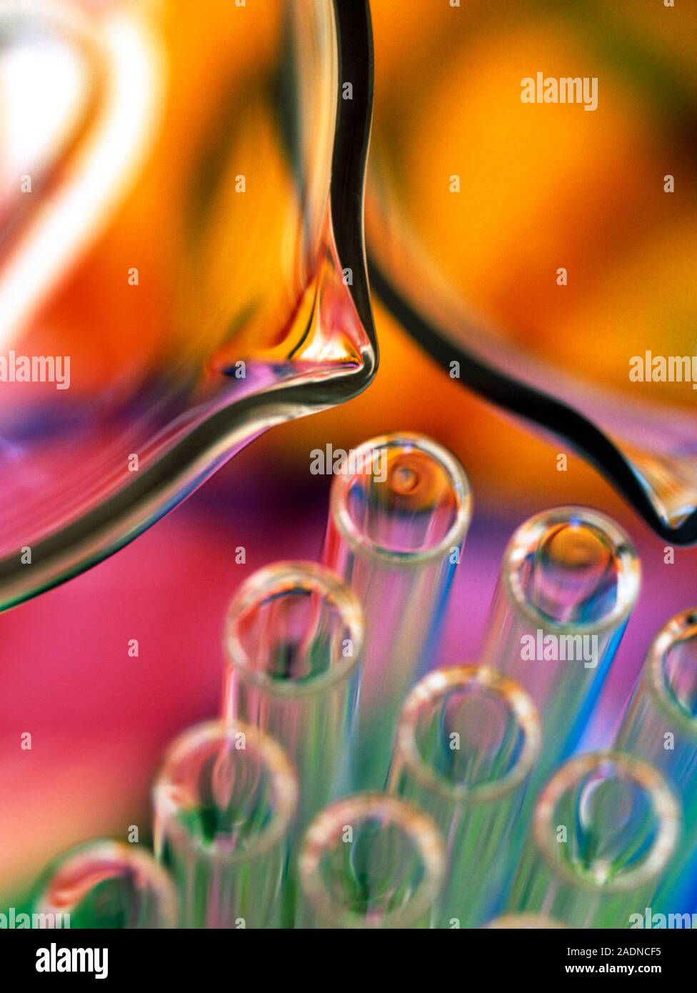Laboratory glassware. View of beakers (upper left and right) and test