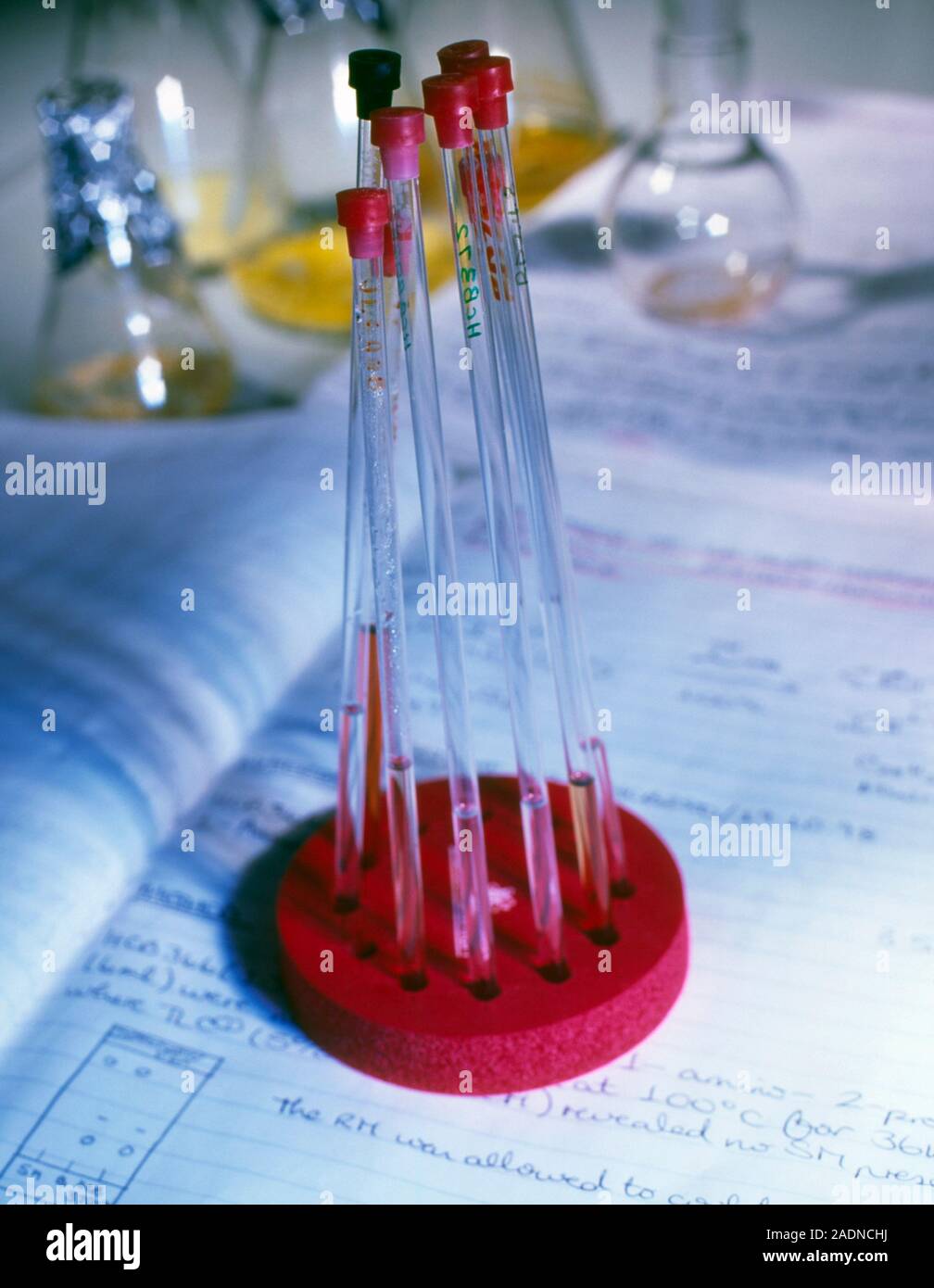 NMR sample tubes. Rack of tubes containing samples for analysis by nuclear resonance