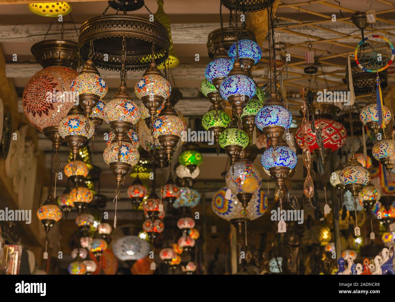 Greece. Heraklion. 18.08.2017. Bright, colorful lamps in greek national  style hanging on the ceiling in a souvenir shop on the main street Stock  Photo - Alamy