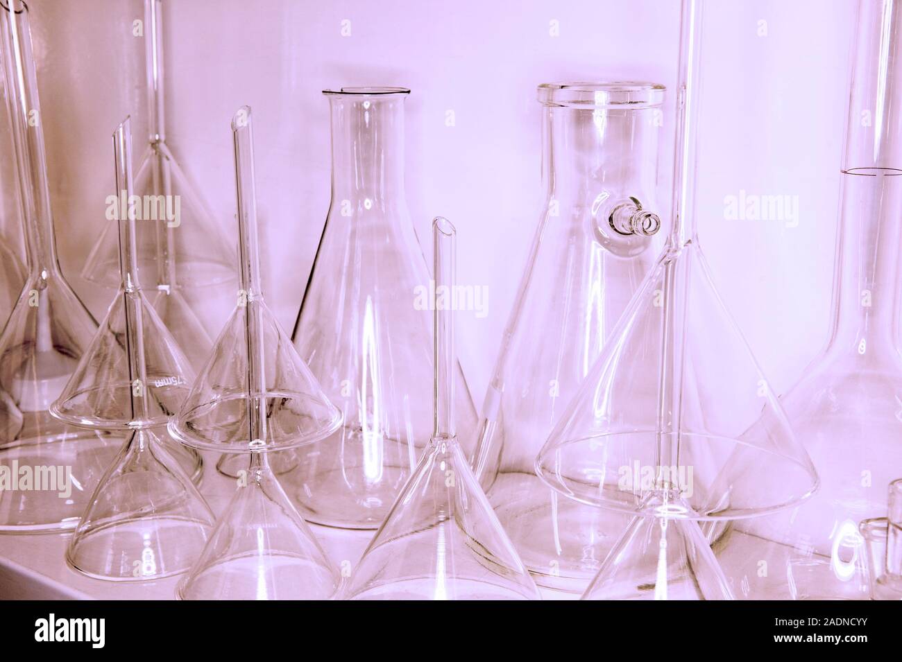 Laboratory glassware. Conical flasks and a range of sizes of glass