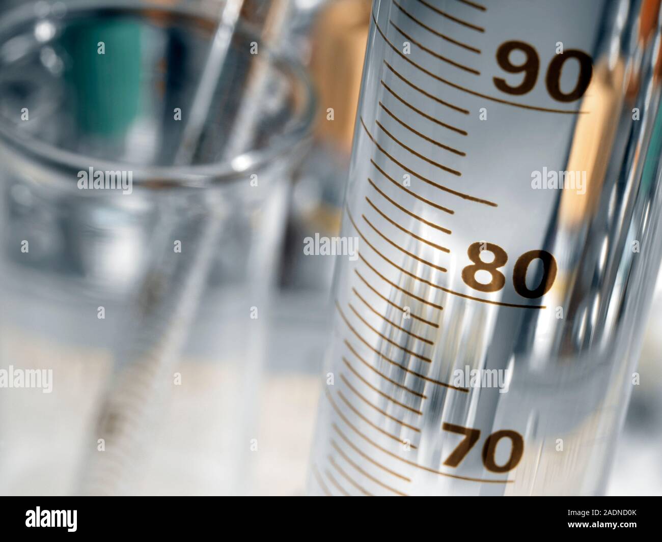 Laboratory glassware. Closeup of the graduated markings on a