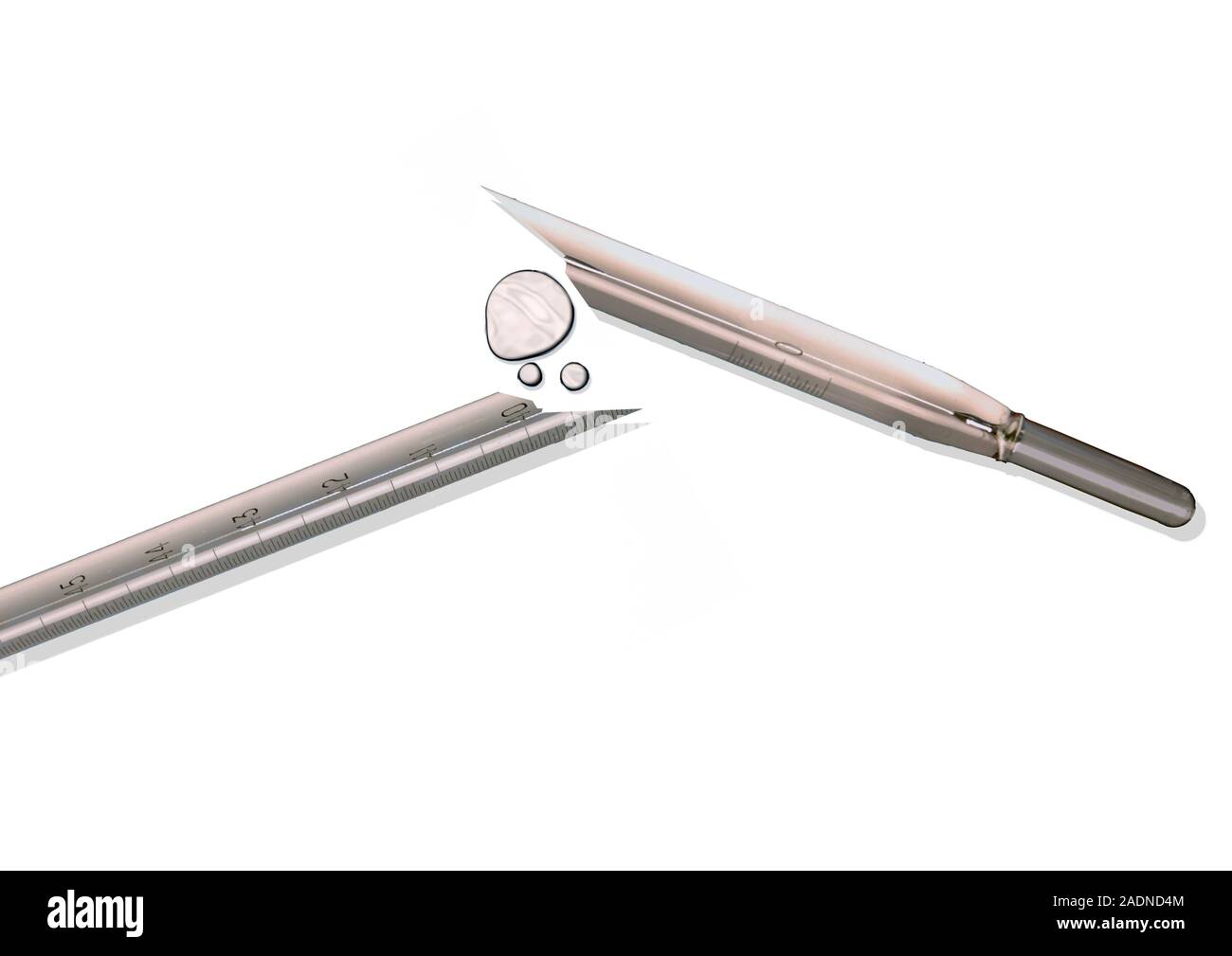Broken thermometer. The bulb of the thermometer (far right) contains mercury, a toxic, heavy and