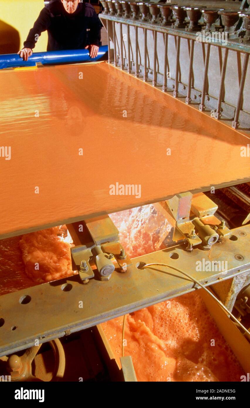 Paper making. A papermill worker observes the wet end dewatering