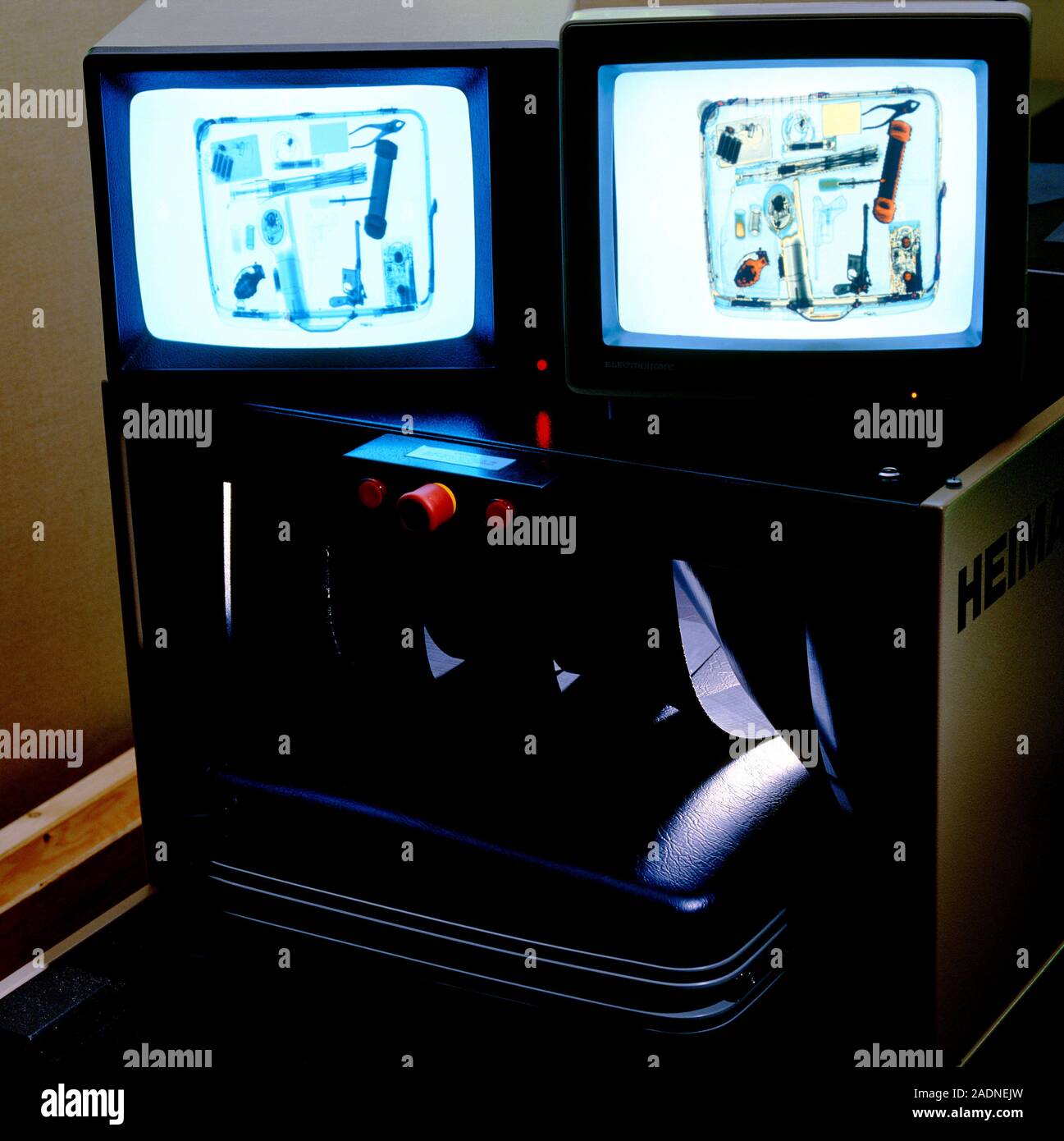 Demonstration of an airport Xray machine for baggage inspection. The