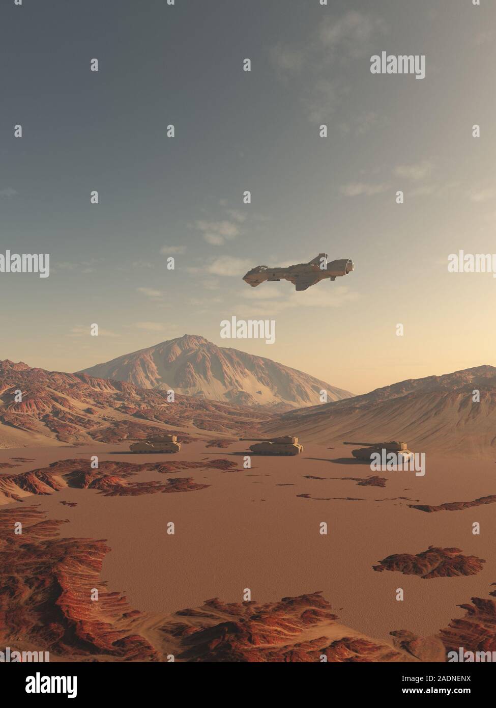 Convoy of Future Tanks and Spaceship crossing a Mars-like Red Desert Planet Stock Photo