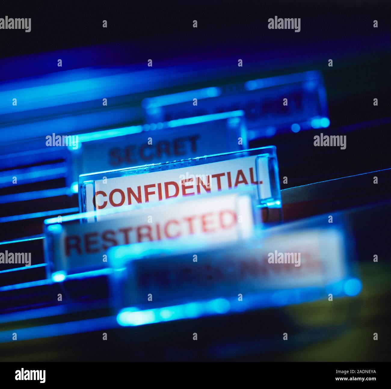 Confidential paperwork. Labels in a filing organising