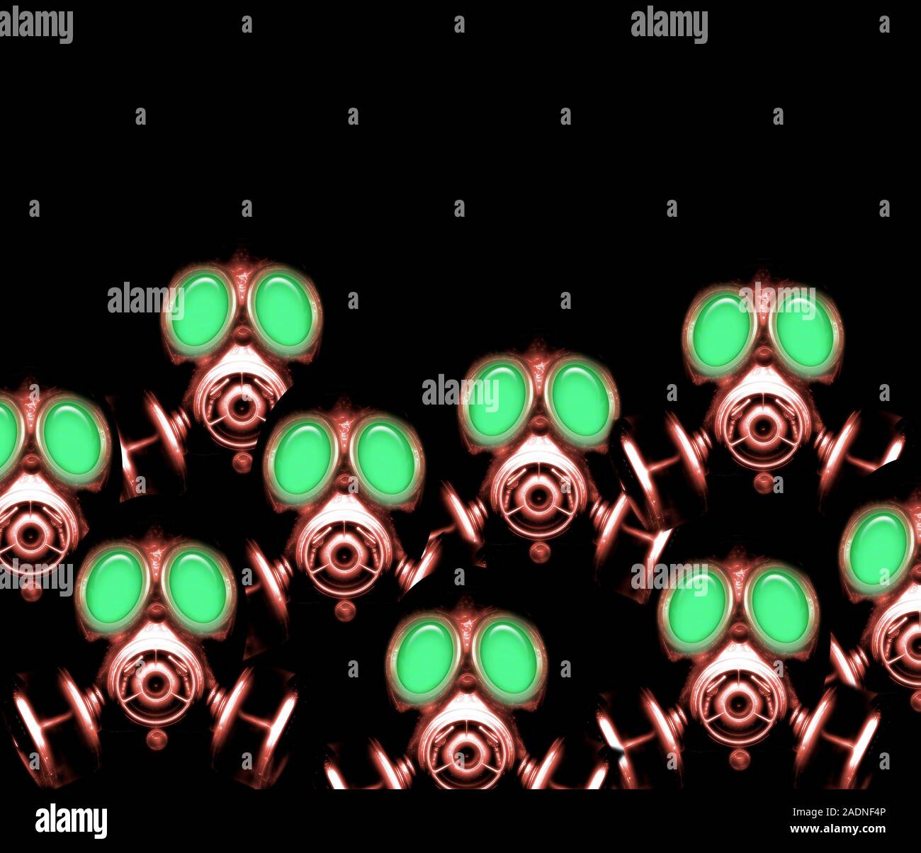 Masks Computing Science Chemical warfare. Conceptual computer artwork of gas masks. The areas ...