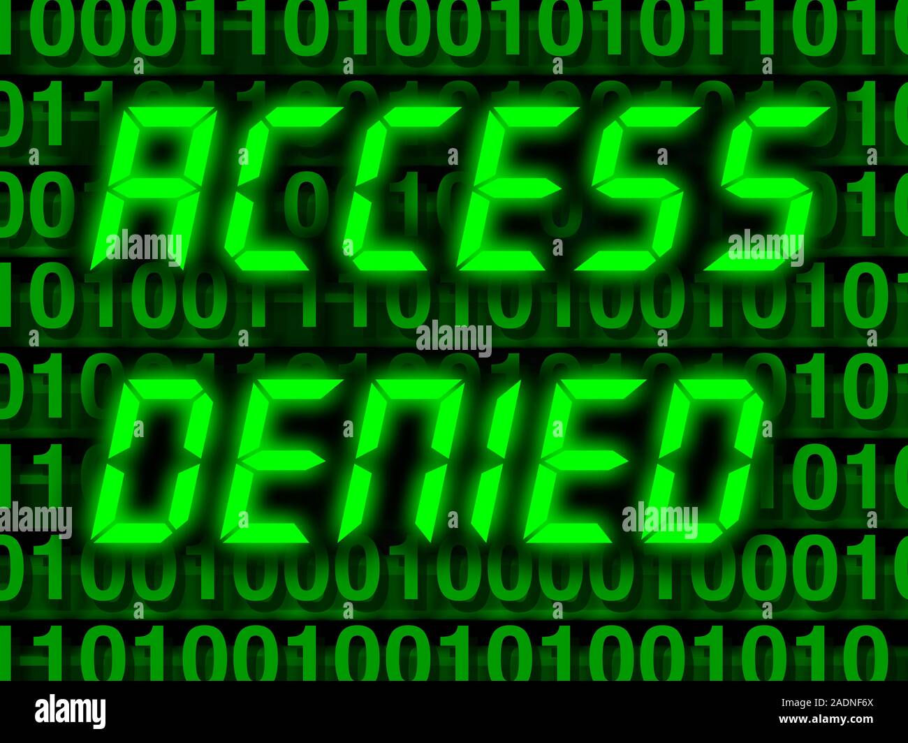 Electronic security, conceptual computer artwork. Access denied typed over binary code. Stock Photo