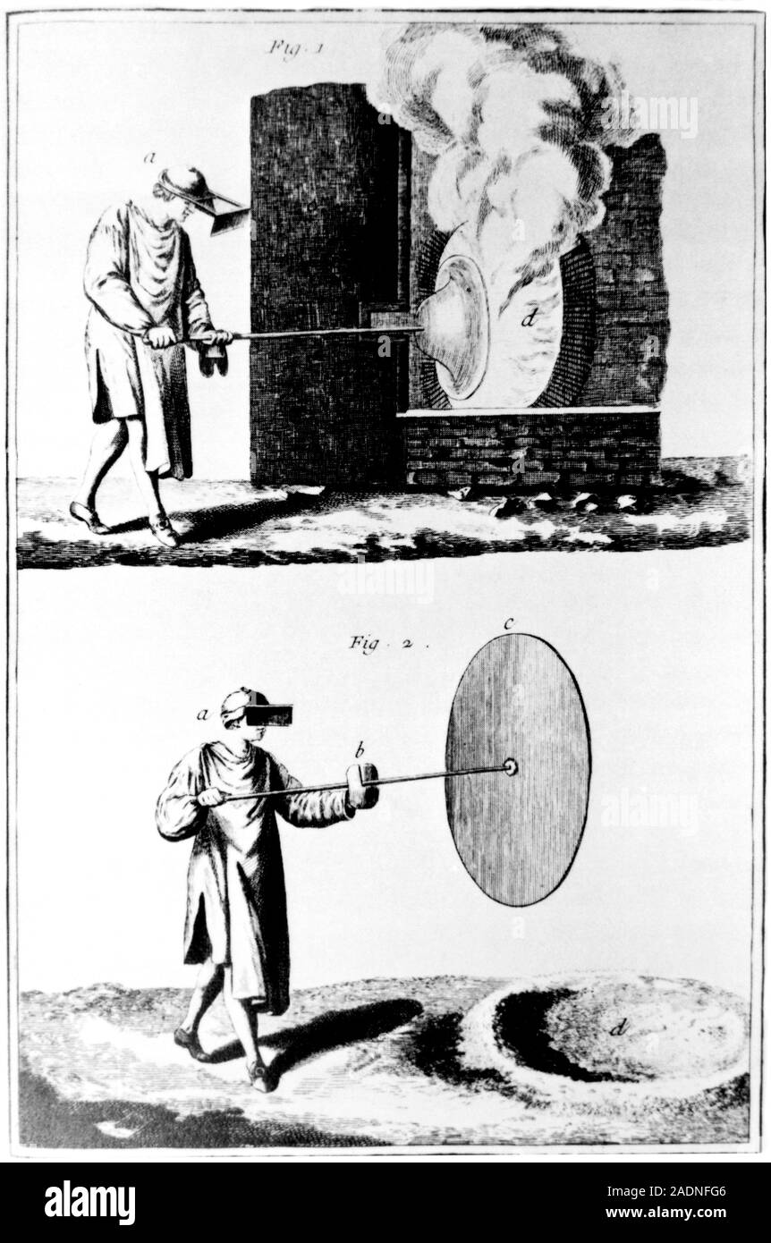 Plate glass making. Two engravings of plate or crown glass manufacture