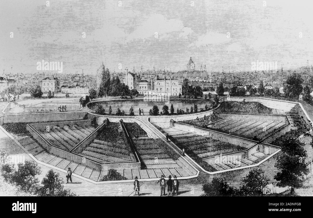 Water works. Engraving of water works during the 19th century which