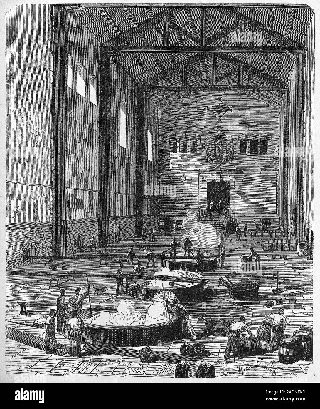 Soap manufacturing industry. 19th century artwork of factory workers