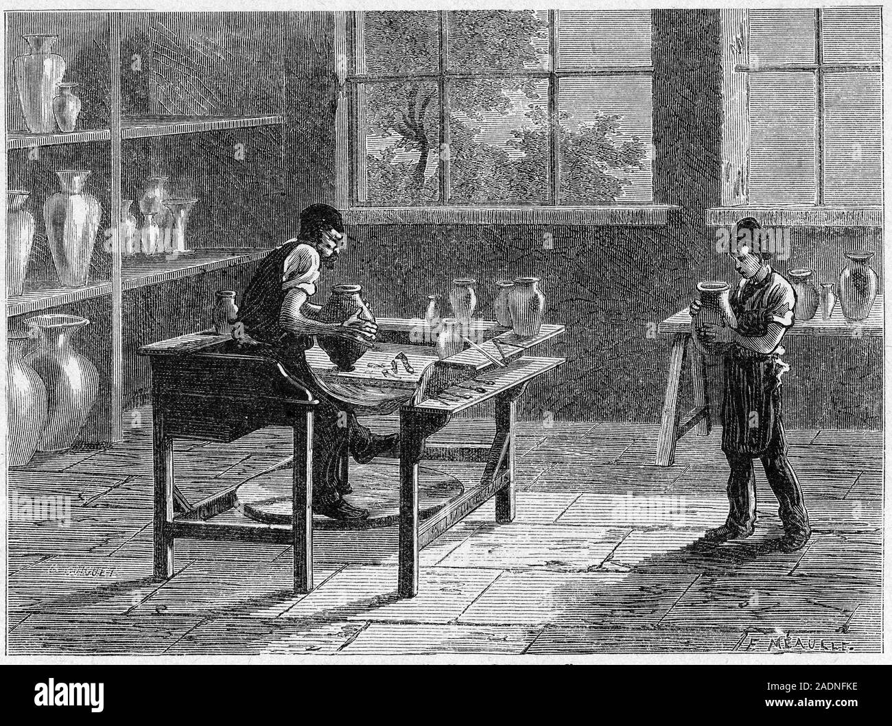 Potter's 19th century artwork of a potter using a potter's wheel to make an