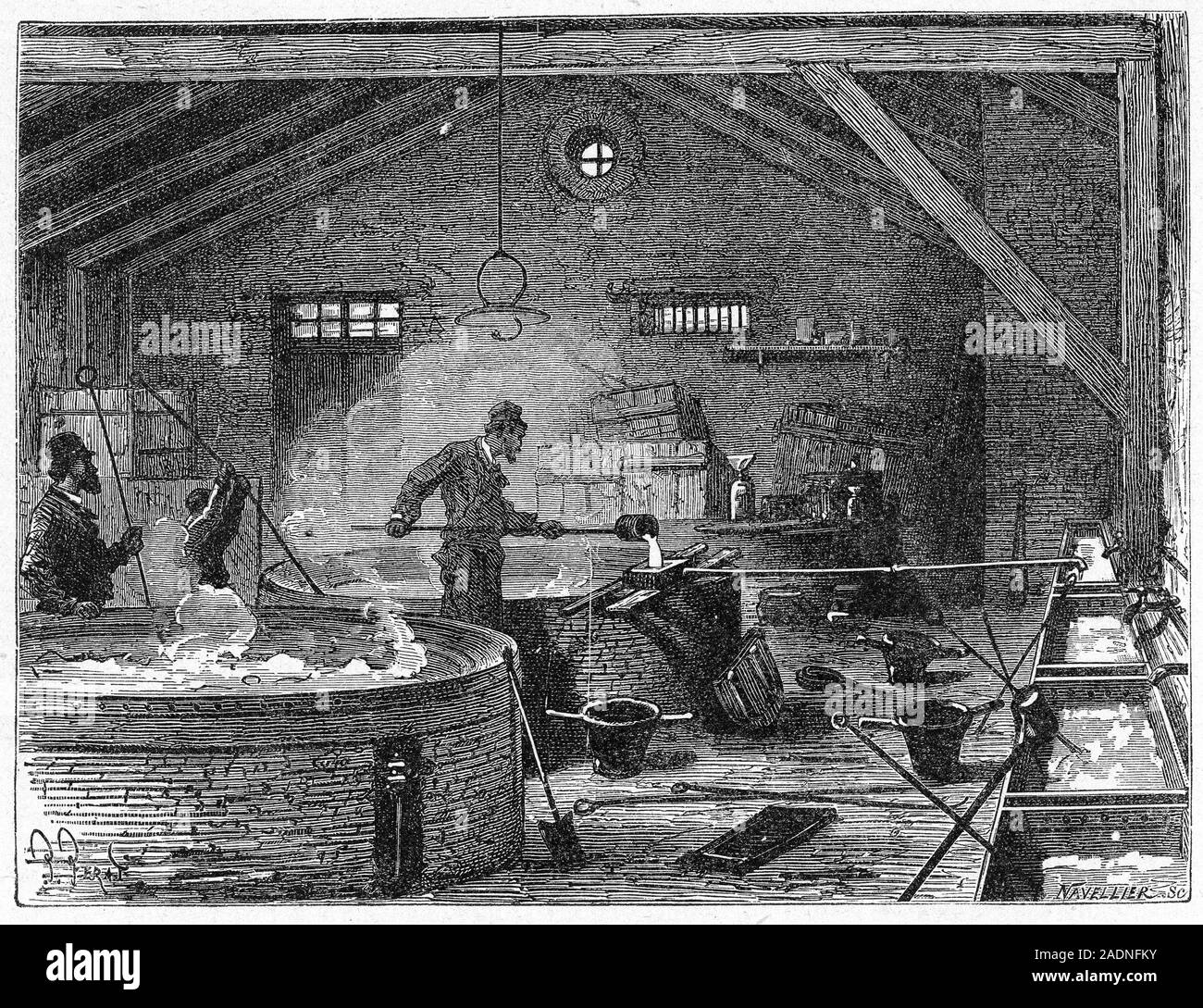 Soap making. Historical artwork of men attending to kettles in a soap making factory. Soap is