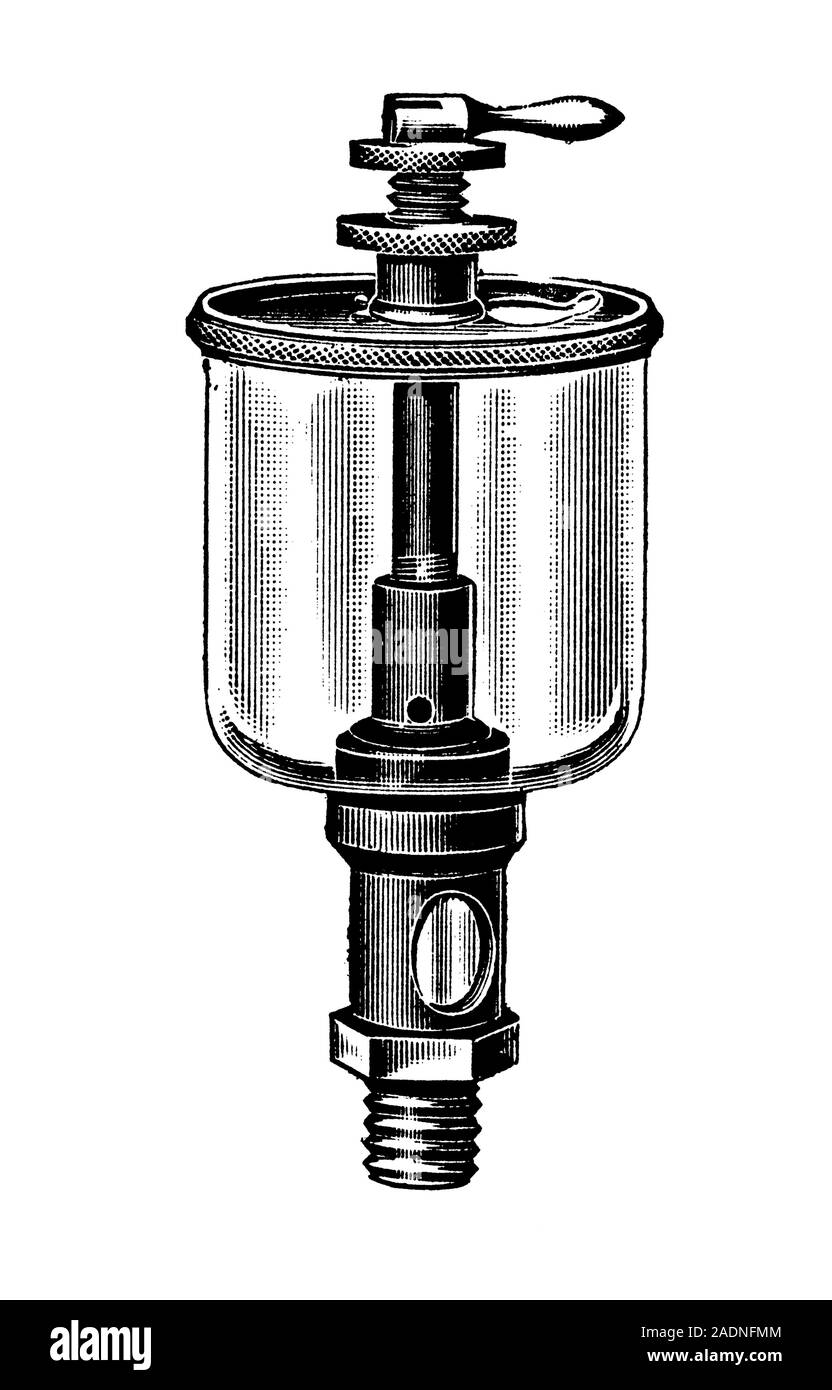 Steam engine lubricator. Artwork of a lubricator used in steam engines