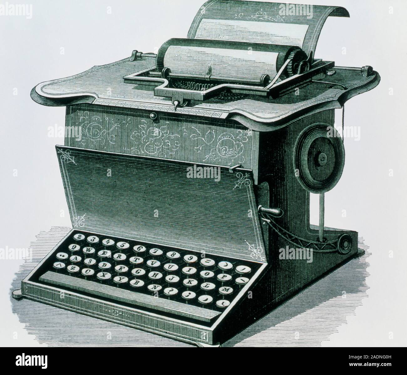 Early typewriter. Historical engraving of the Remington writing machine ...