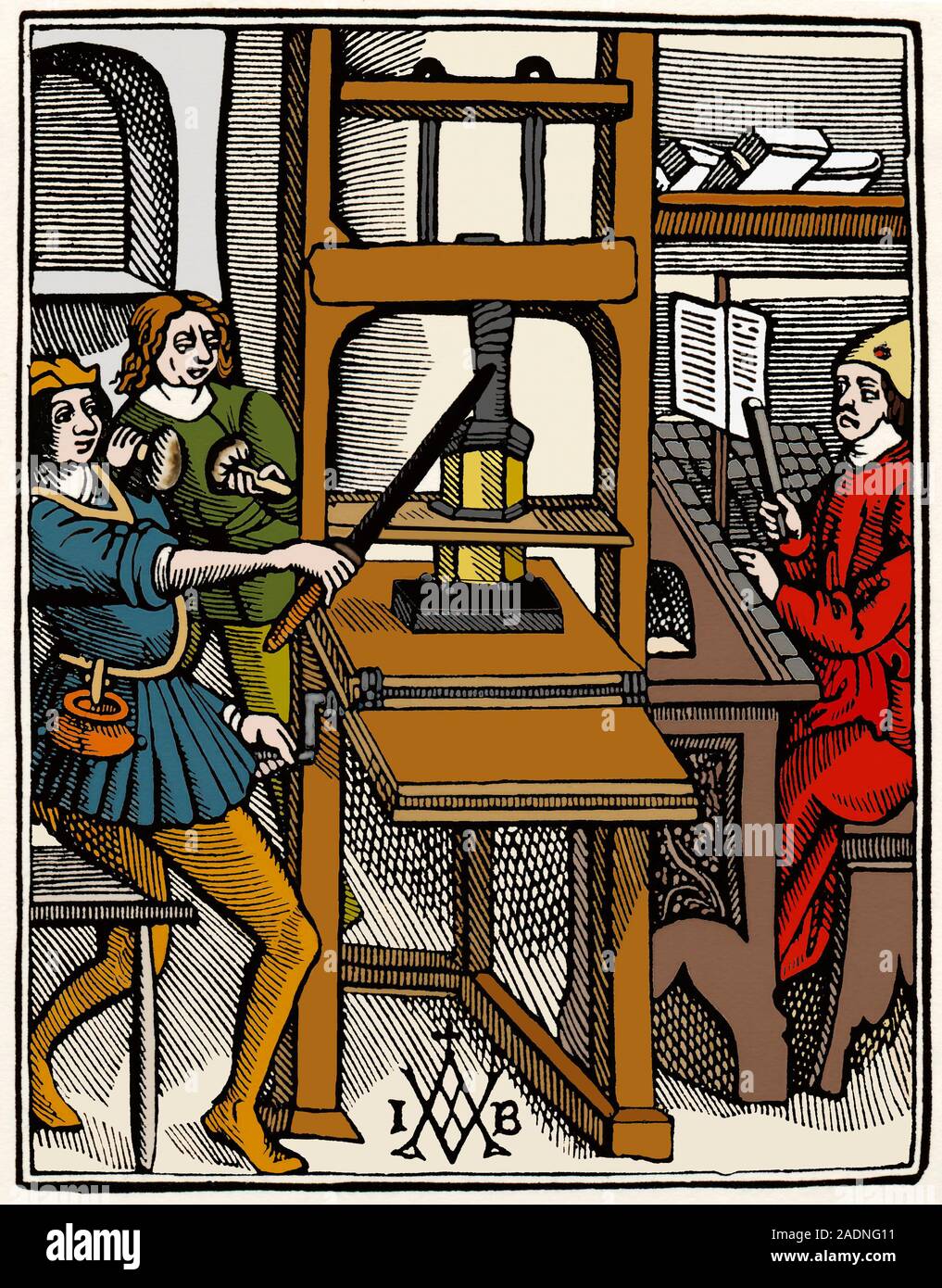 Printing press. Coloured engraving of an early German printing press of