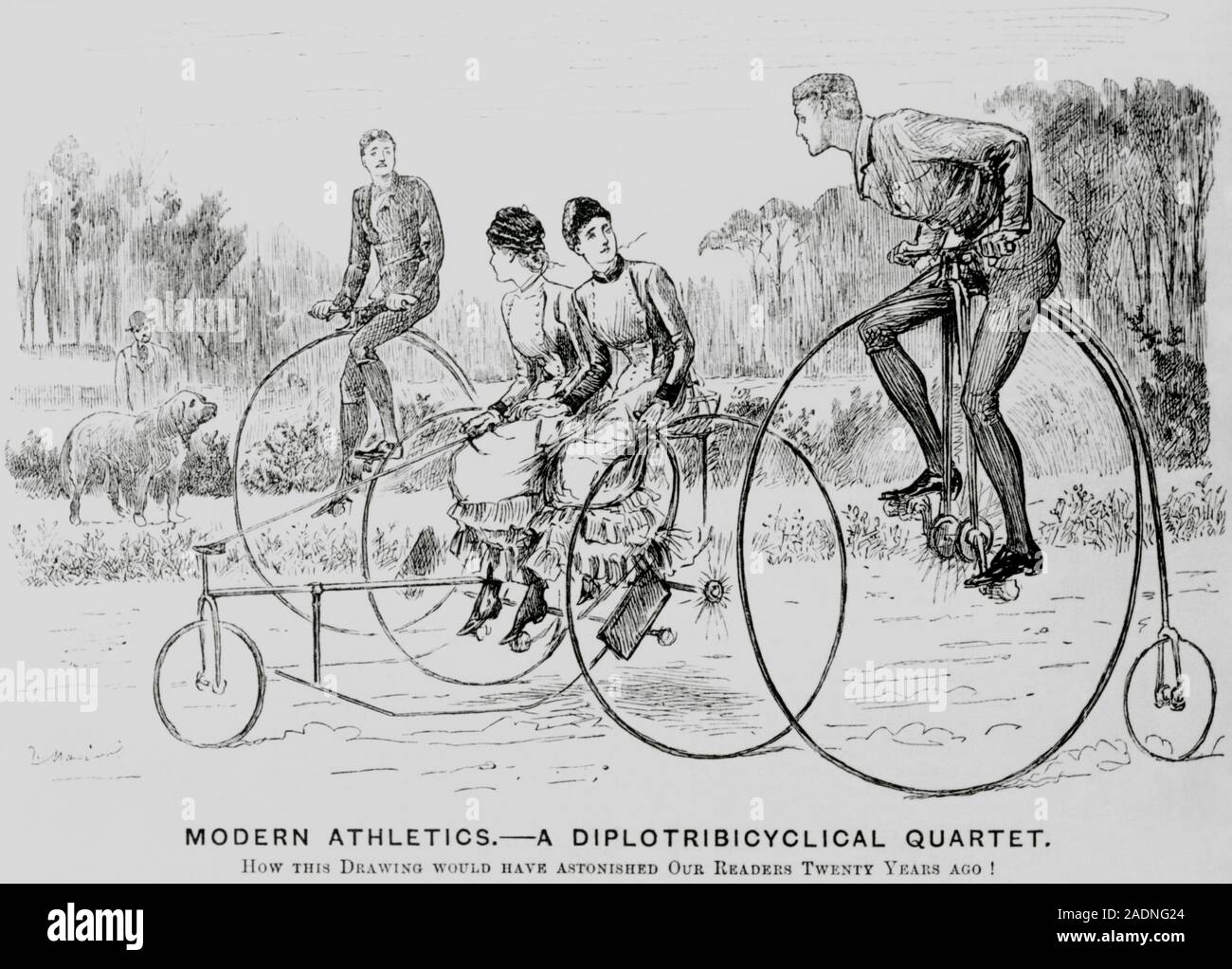 Bicycle and tricycle. Engraving from 1882 of two bicycles (nearest and