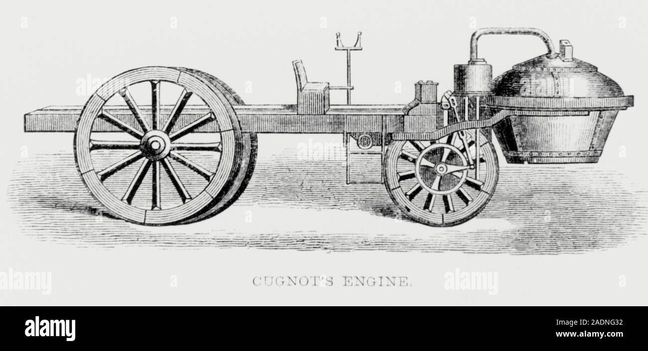 Cugnot's engine. Historial engraving of Cugnot's engine, the first ever