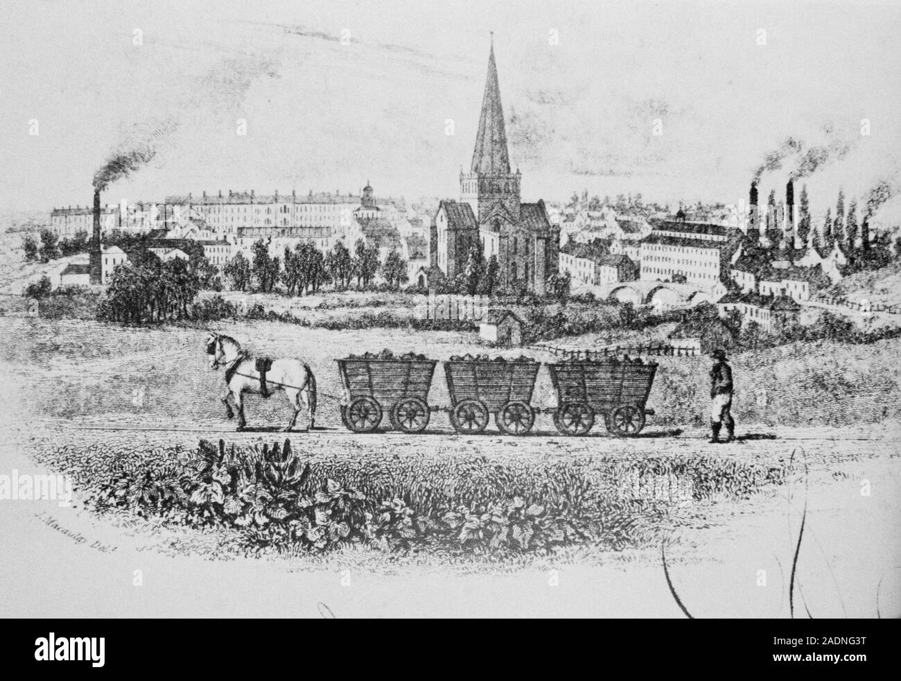 Early horse-drawn train. Historical engraving of one of the first ...