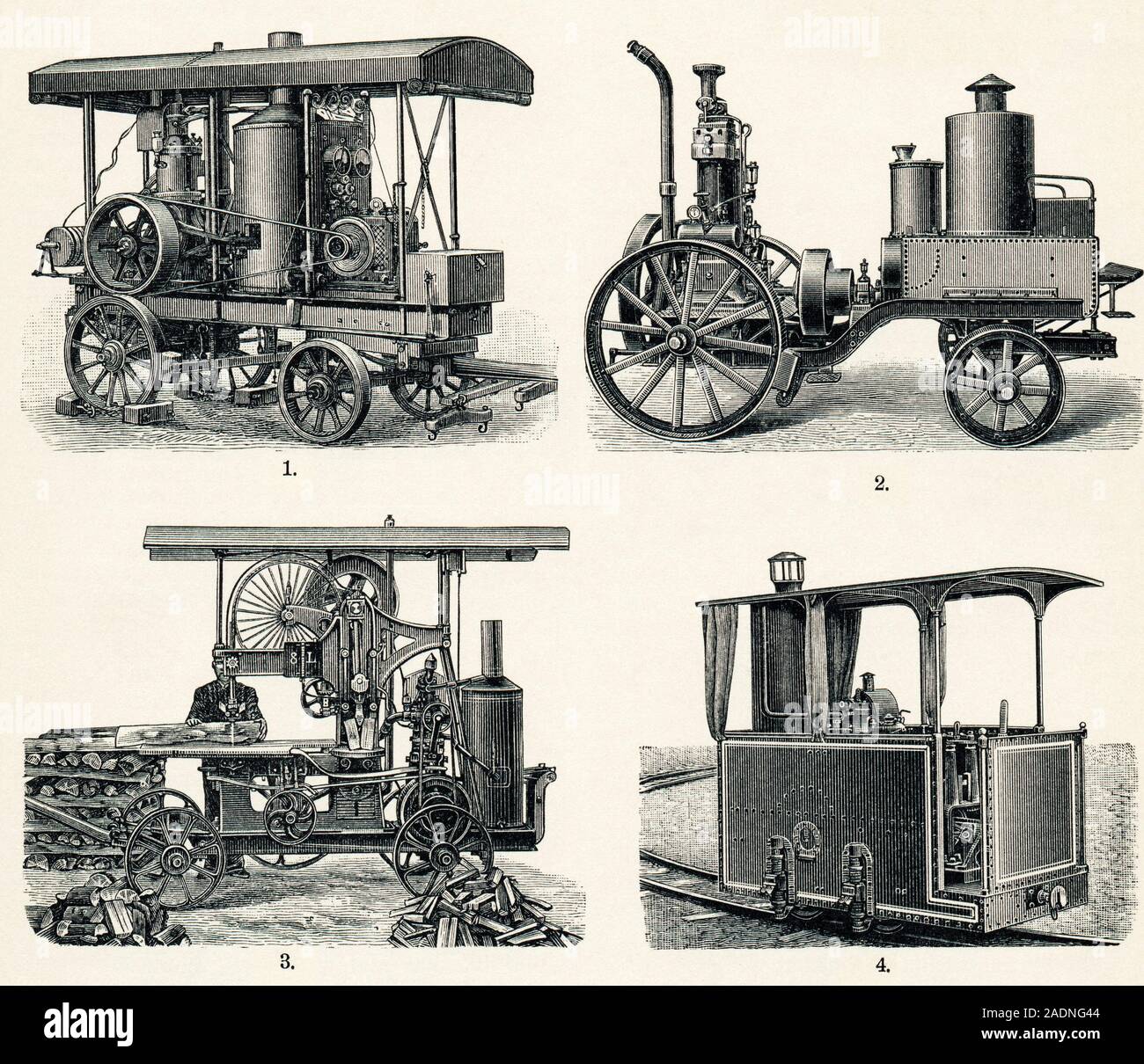 Early petrol engine. Historical artwork of early designs for an electrical generator (top left