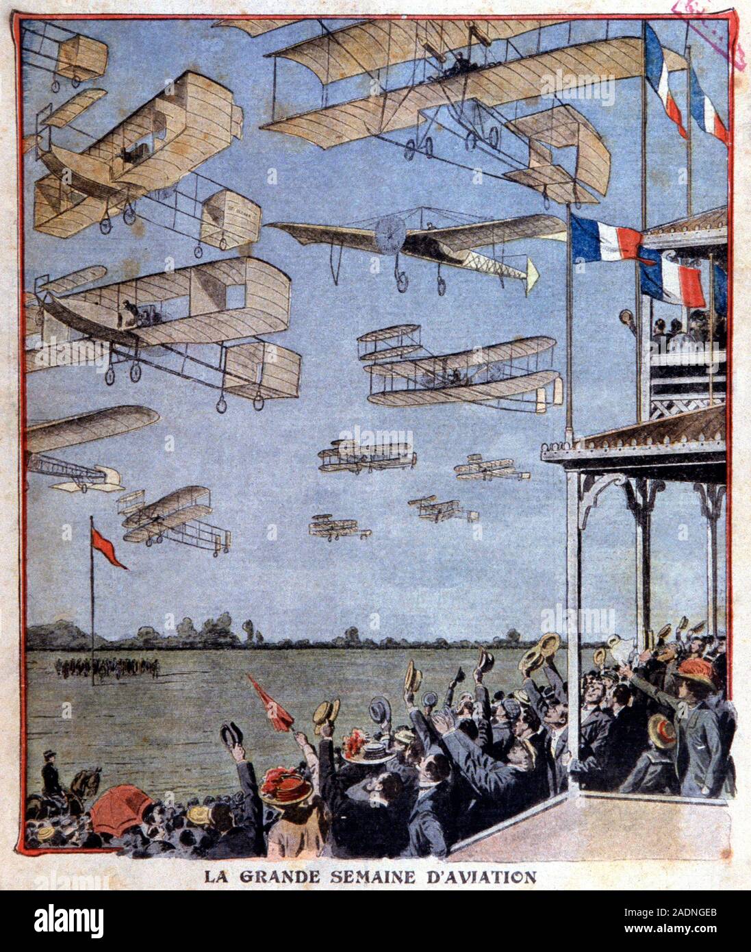 First Flight Event First international aviation event. Artwork of spectators cheering as a ...