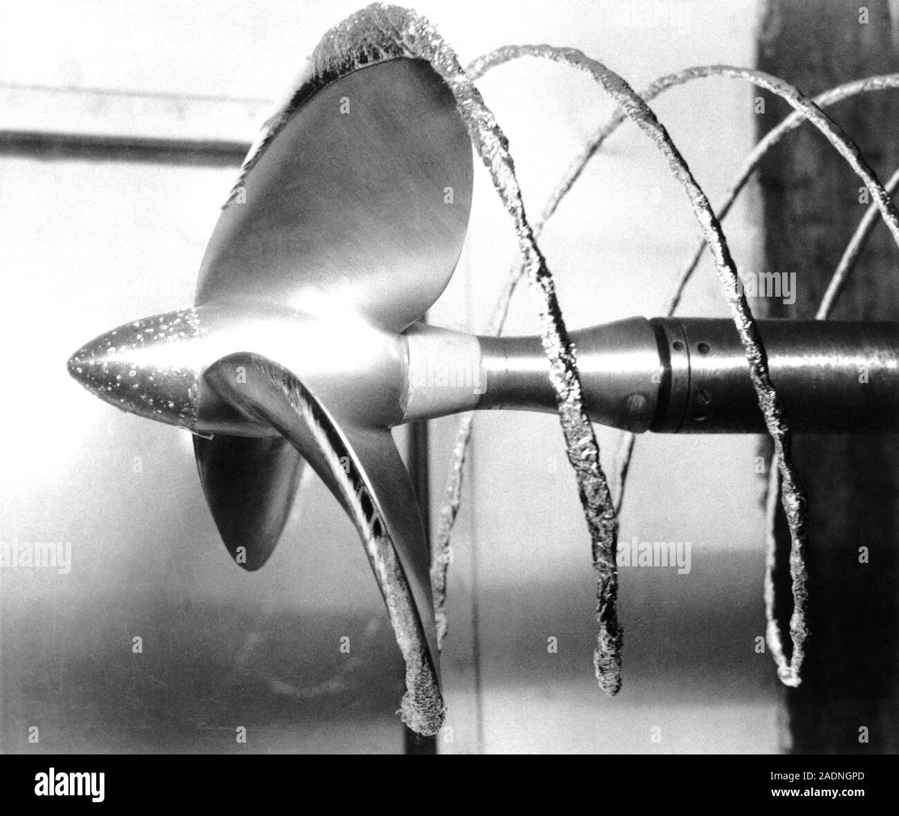 Propeller cavitation. Test being carried out on a propeller to study