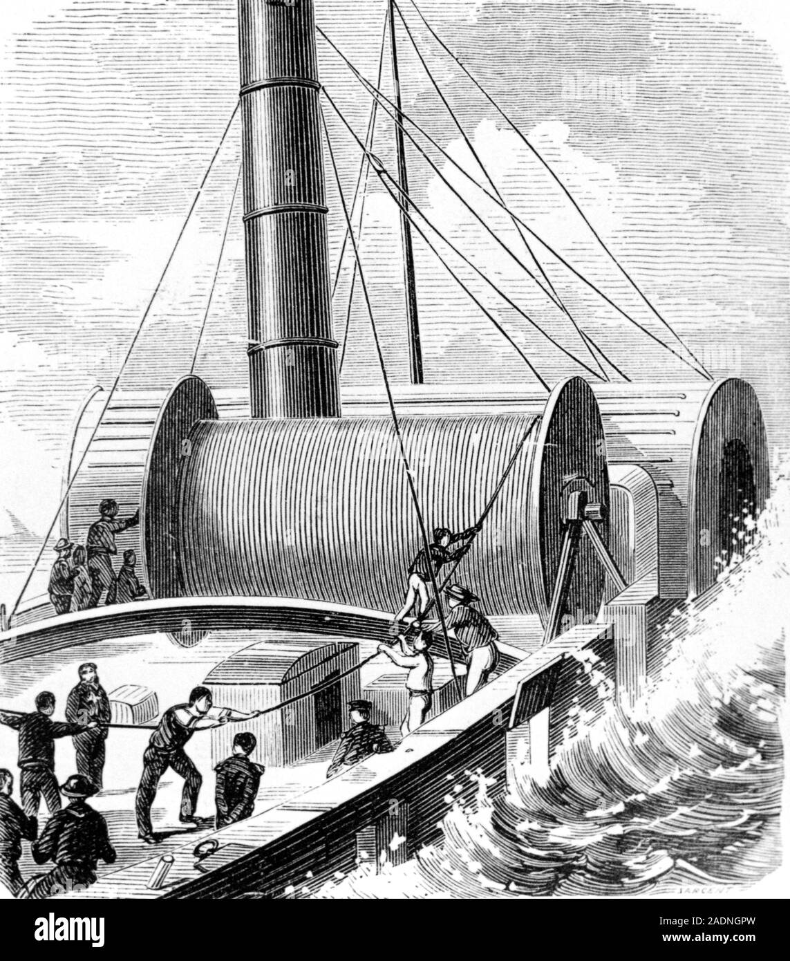 Telegraph cable laying. Engraving of the first successful laying of a