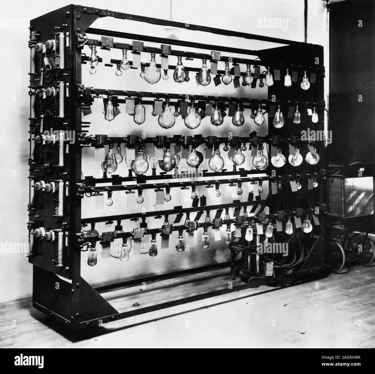 Lamp testing. Electrical equipment being used to test various different types of light bulbs