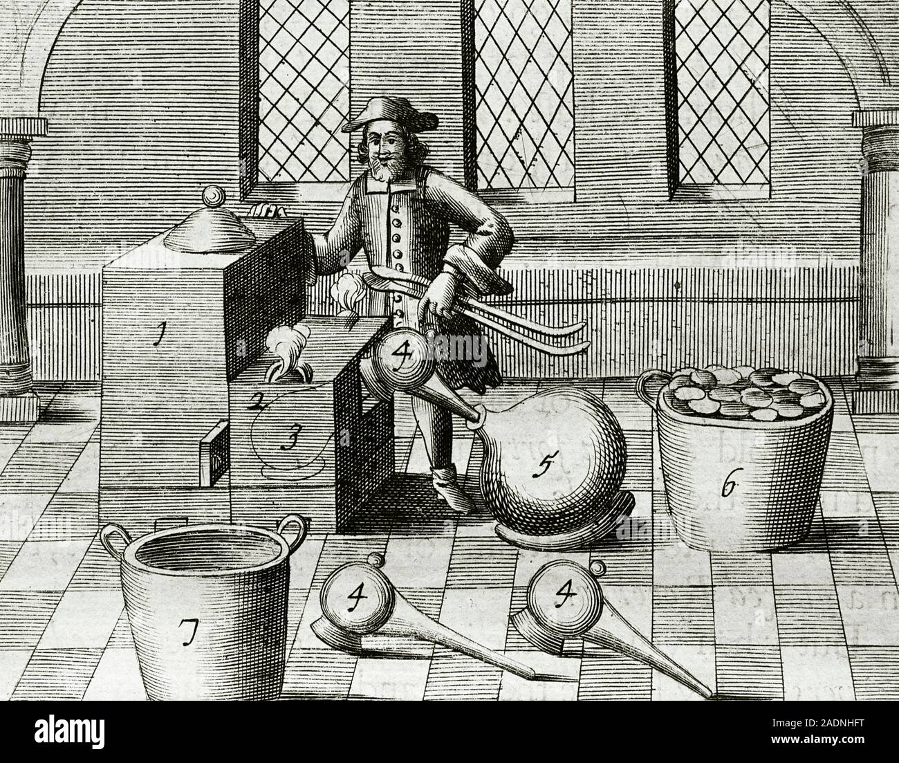 Ancient Acids Concentration of acids. Historical engraving showing equipment for the ...