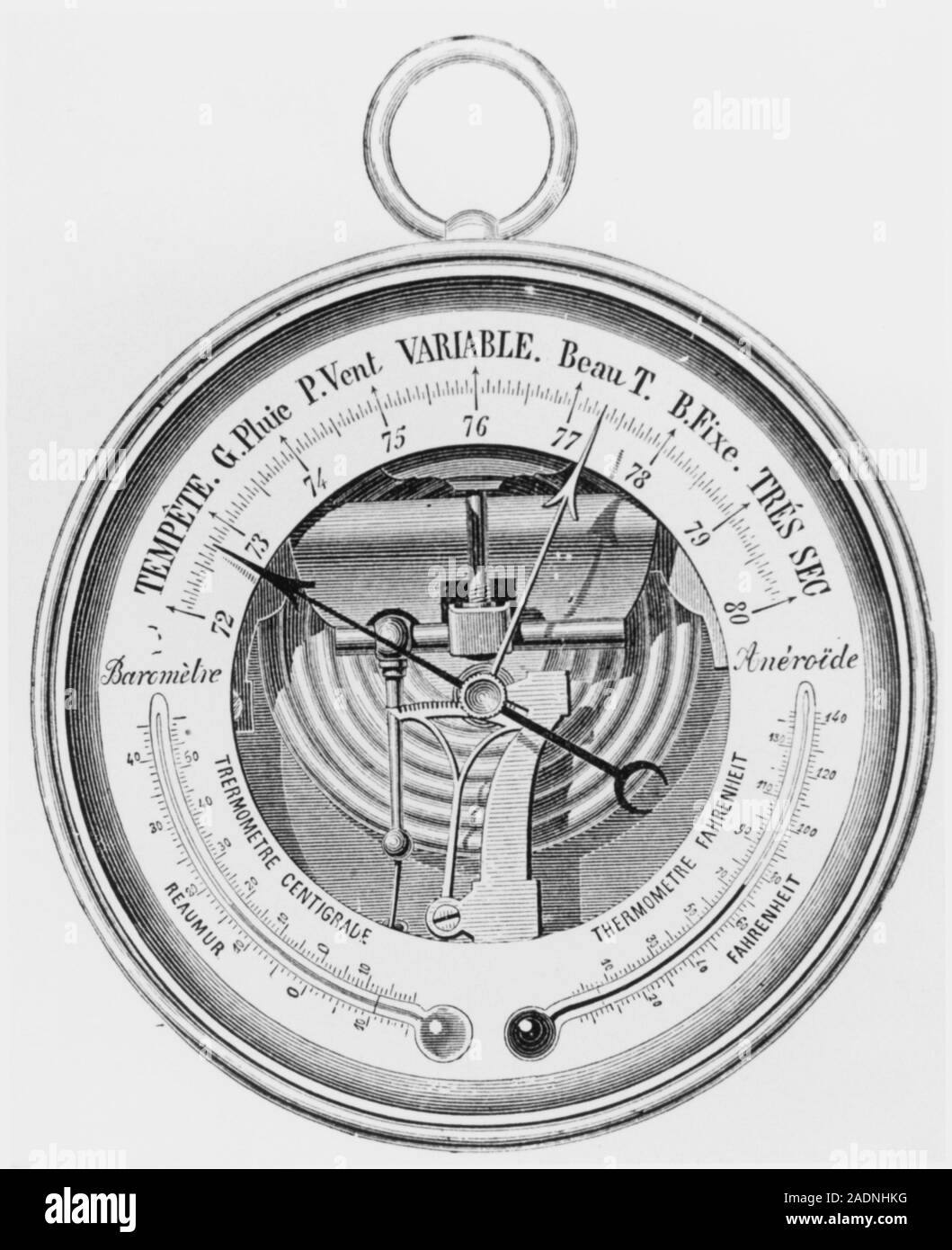 Barometer. 19th century engraving of a barometer, a device which can