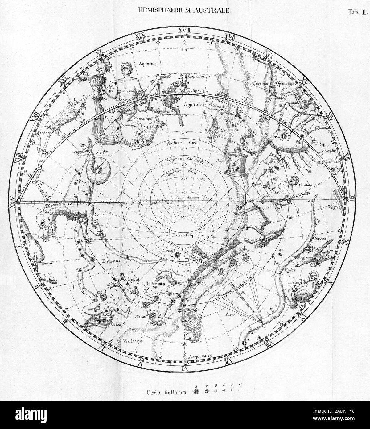 Southern celestial map. Historical map of the sky of the