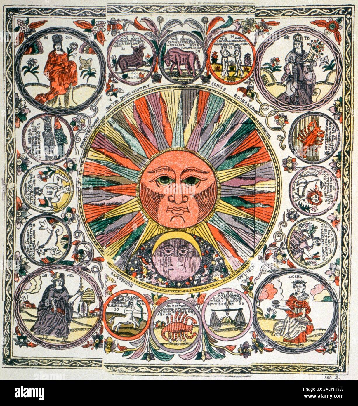 Sun and signs of the Zodiac. Historical artwork of the Sun and Moon ...