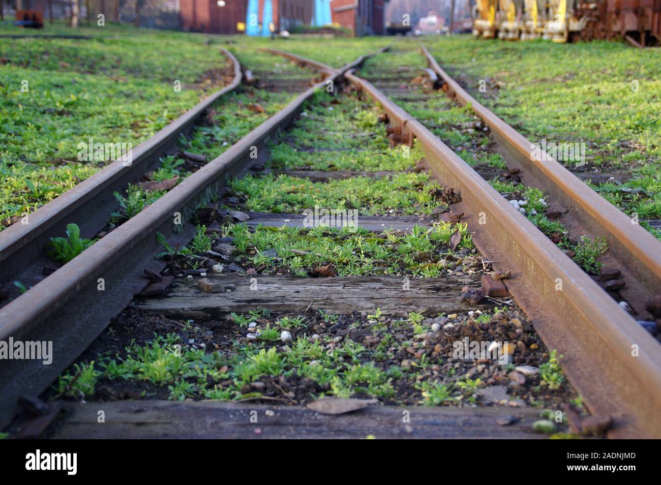Old railroad switch. Directions of train road. A dilemma metaphor. Stock Photo