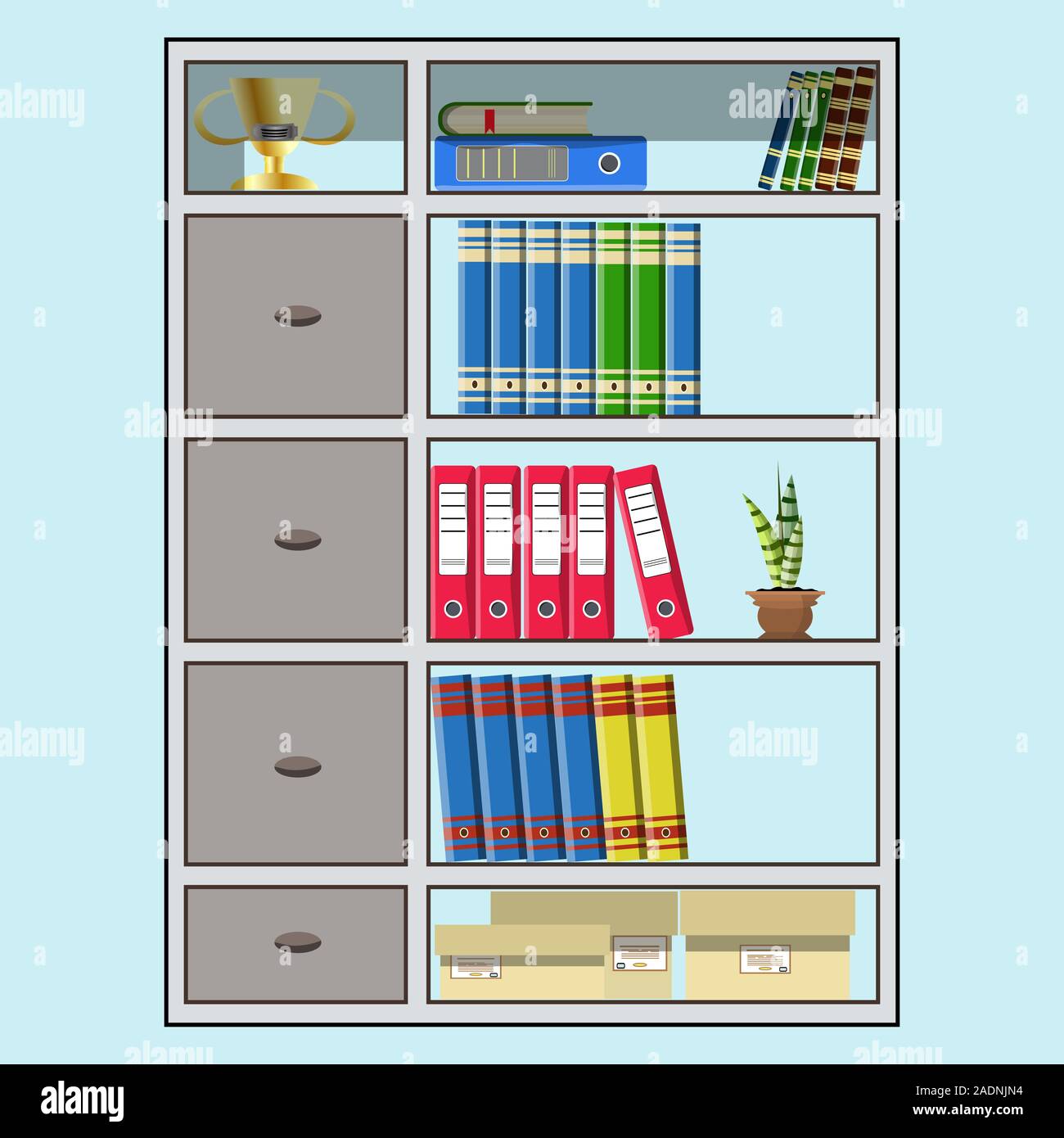 Office cupboards full of folders, books and paper boxes. On the shelfes winner cup, house plant and cabinet drawers in the cupboard. Flat style illust Stock Vector