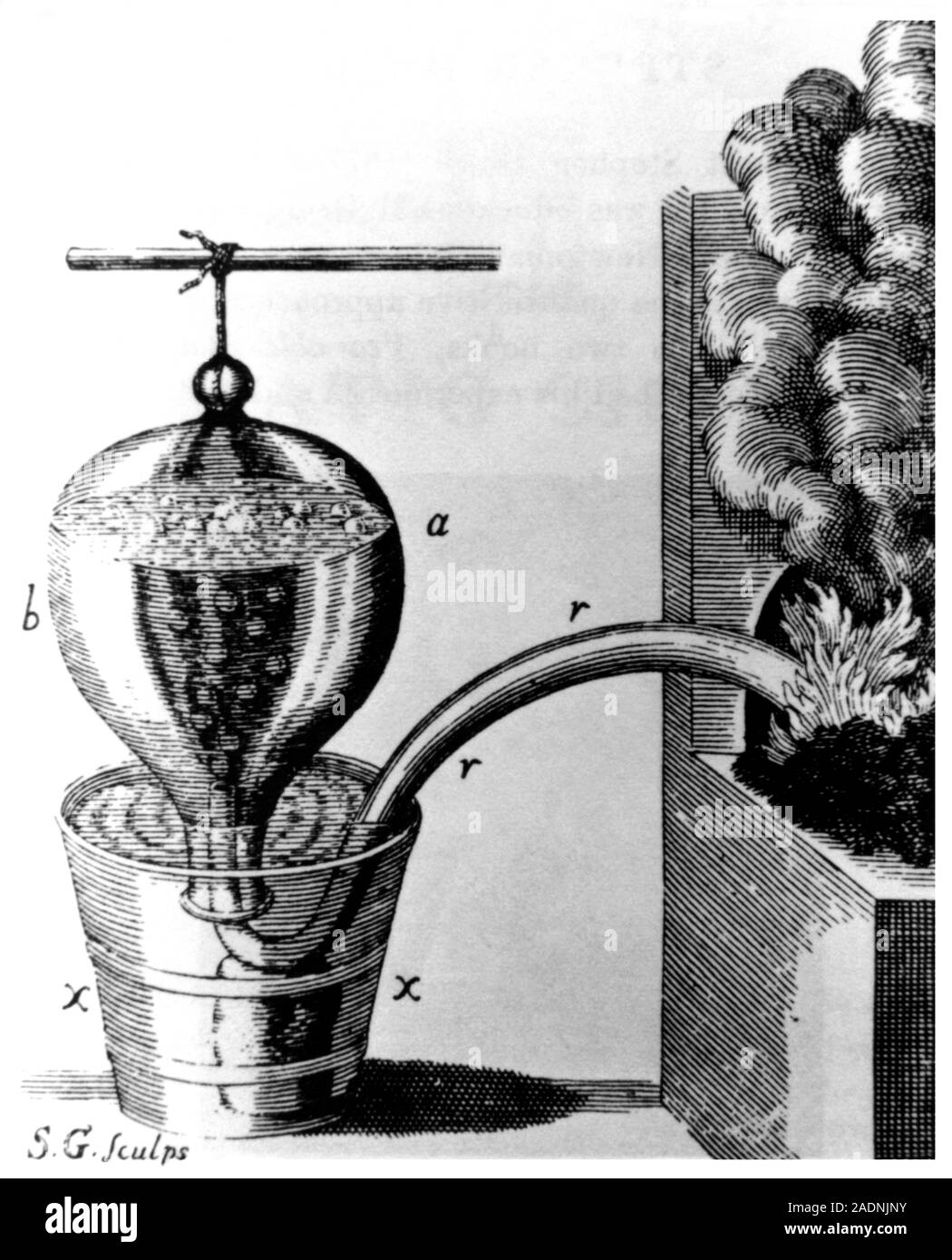 Hales' pneumatic trough. Diagram showing the concept of the pneumatic
