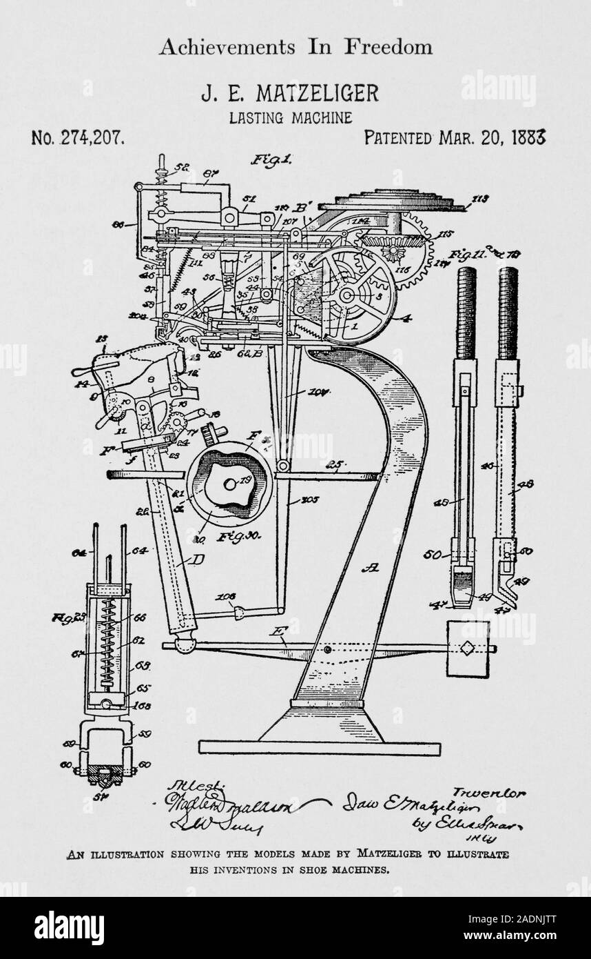 Matzeliger's lasting machine. Diagram illustrating the workings of the ...