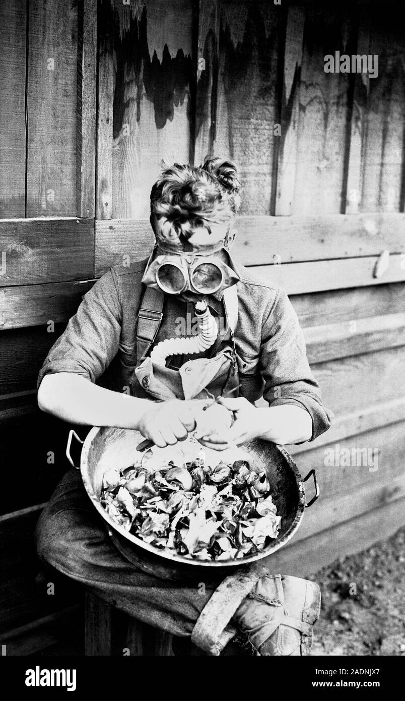 First World War soldier with gas mask. US soldier at a First World War