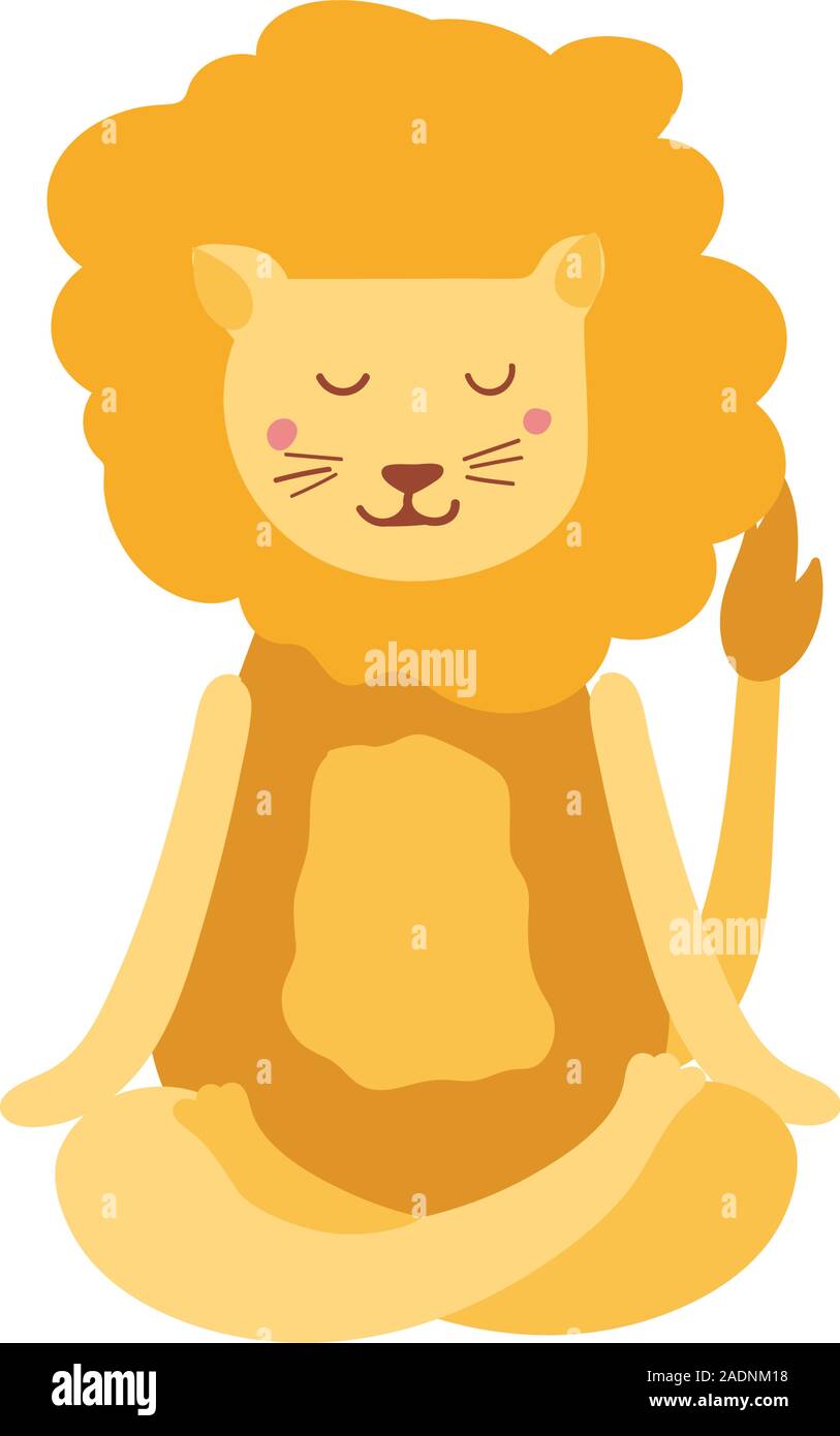 Cartoon lion performing yoga exercise. Cartoon character sitting in lotus posture and meditating vipassana meditation Isolated. For children and print screening. Colourful flat vector illustration Stock Vector